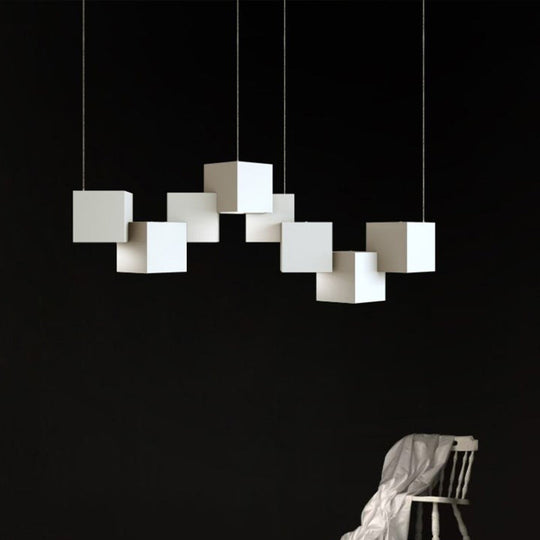 Modernist Cube Ceiling Light - 8-Light Metal Led Pendant Lamp Black/White Spliced White/Warm
