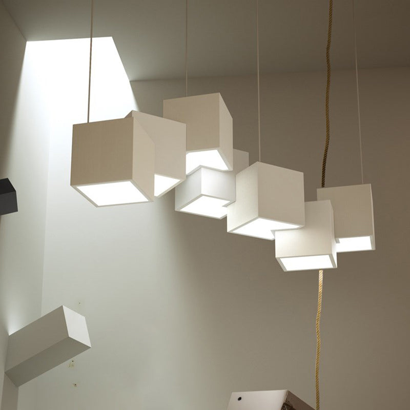 Modernist Cube Ceiling Light - 8-Light Metal Led Pendant Lamp Black/White Spliced White/Warm