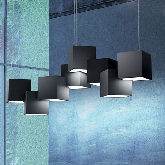 Modernist Cube Ceiling Light - Black/White Spliced 8 Lights Metal Led Pendant Lamp In White/Warm