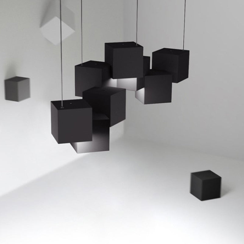 Modernist Cube Ceiling Light - Black/White Spliced 8 Lights Metal Led Pendant Lamp In White/Warm