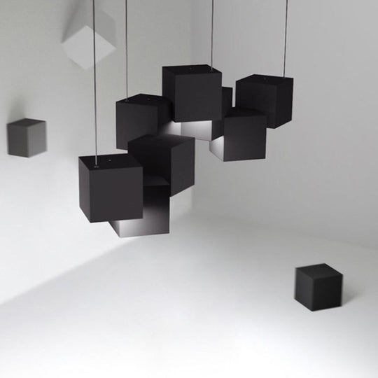 Modernist Cube Ceiling Light - Black/White Spliced 8 Lights Metal Led Pendant Lamp In White/Warm