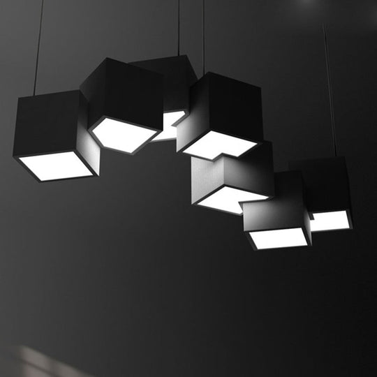 Modernist Cube Ceiling Light - Black/White Spliced 8 Lights Metal Led Pendant Lamp In White/Warm