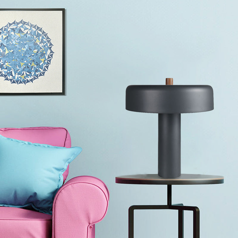 Modernist Led Grey Metal Drum Nightstand Light With Plug-In Cord For Bedroom