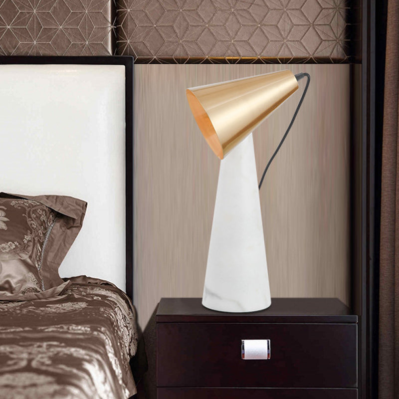 Minimalist Conical White Table Lamp - 1 Light Marble Nightstand With Metal Shade