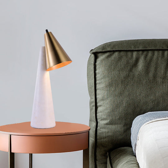 Minimalist Conical White Table Lamp - 1 Light Marble Nightstand With Metal Shade