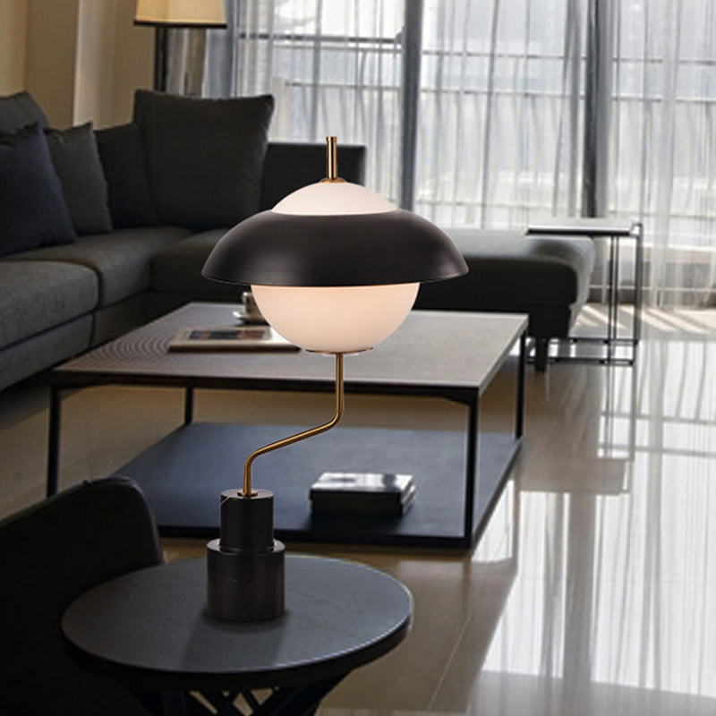 Modern Saucer Metallic Table Light - Black Desk Lamp With Opal Glass Shade For Living Room