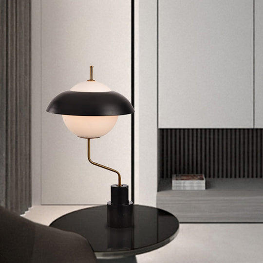 Modern Saucer Metallic Table Light - Black Desk Lamp With Opal Glass Shade For Living Room