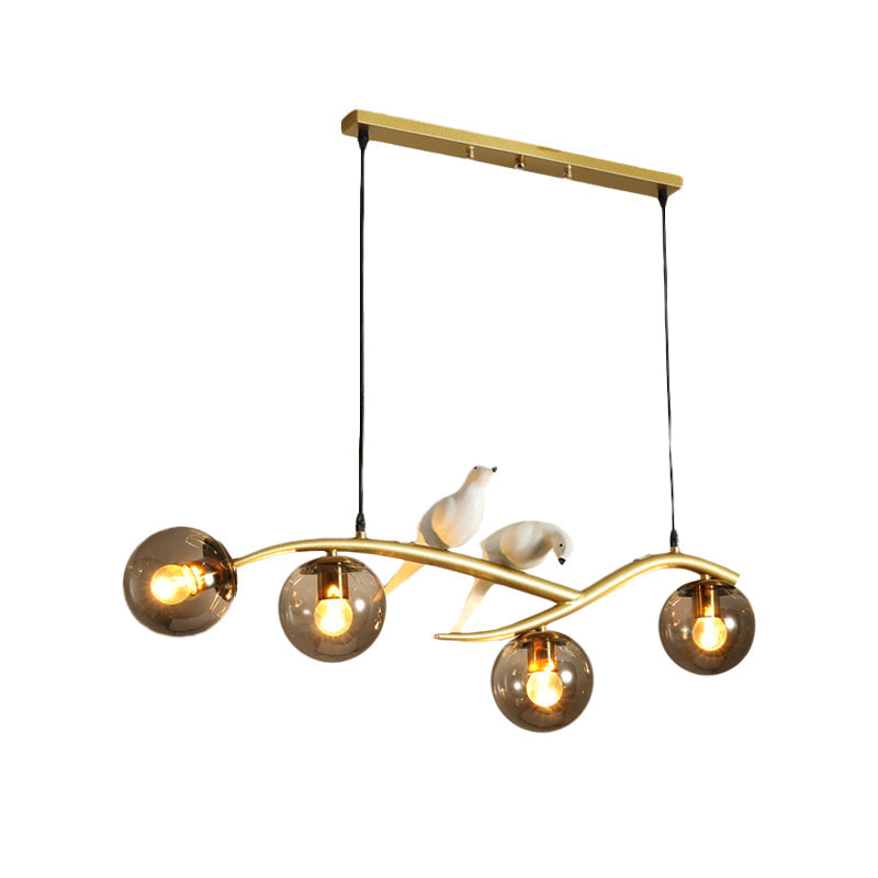 Minimalist Glass Globe Chandelier Light With Birds Deco - 4 Suspension Pendant In Milk White/Smoke