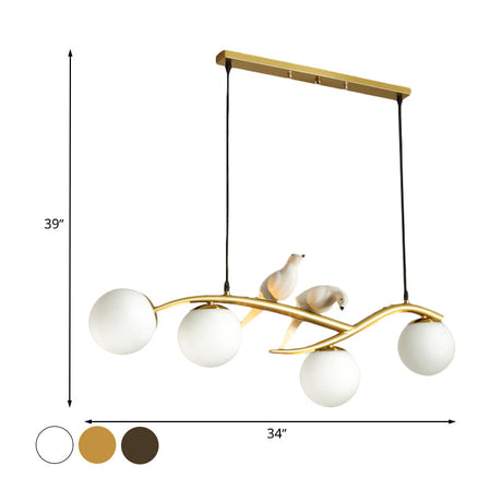 Minimalist Glass Globe Chandelier Light With Birds Deco - 4 Suspension Pendant In Milk White/Smoke