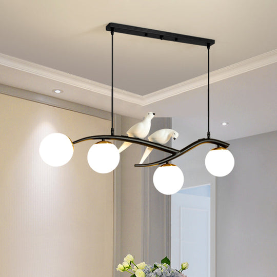 Minimalist Glass Globe Chandelier Light With Birds Deco - 4 Suspension Pendant In Milk White/Smoke