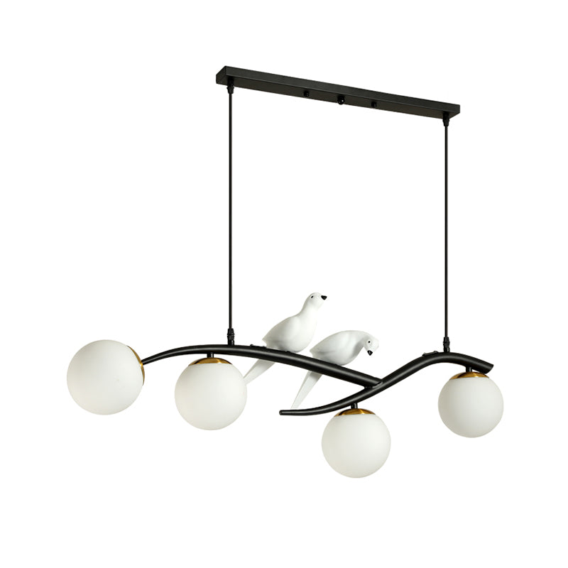 Minimalist Glass Globe Chandelier Light With Birds Deco - 4 Suspension Pendant In Milk White/Smoke