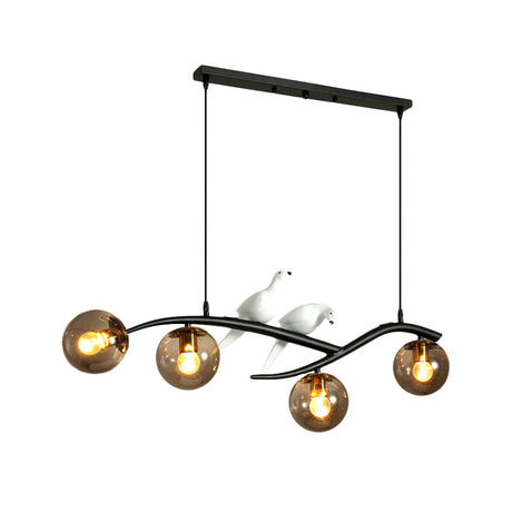 Minimalist Glass Globe Chandelier Light With Birds Deco - 4 Suspension Pendant In Milk White/Smoke