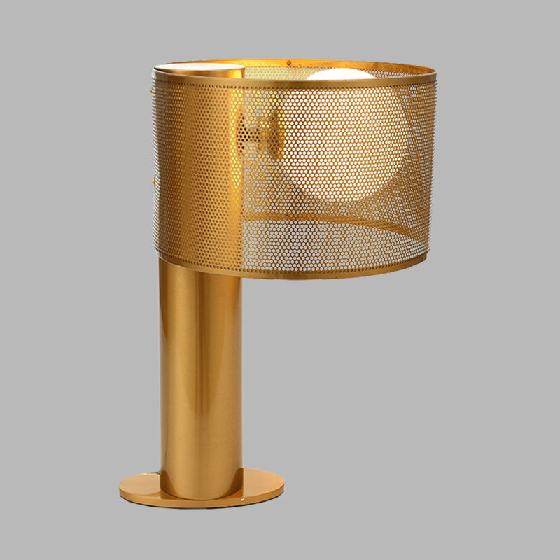 Gold Metal Drum Mesh Night Table Lamp With Opal Glass Shade