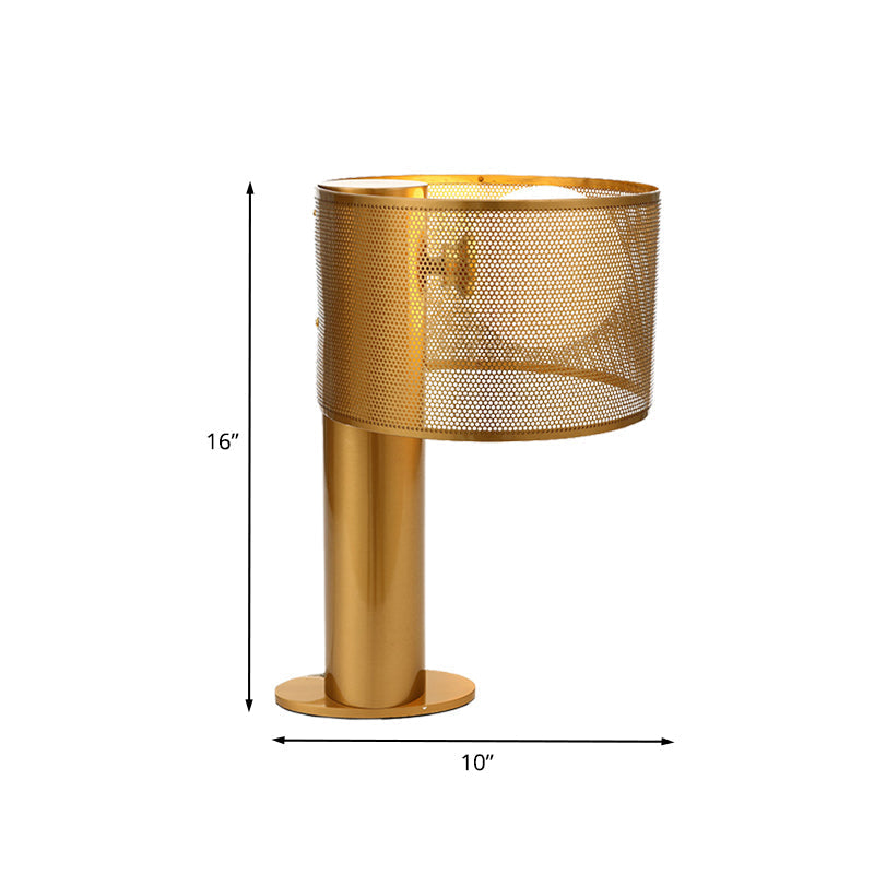 Gold Metal Drum Mesh Night Table Lamp With Opal Glass Shade