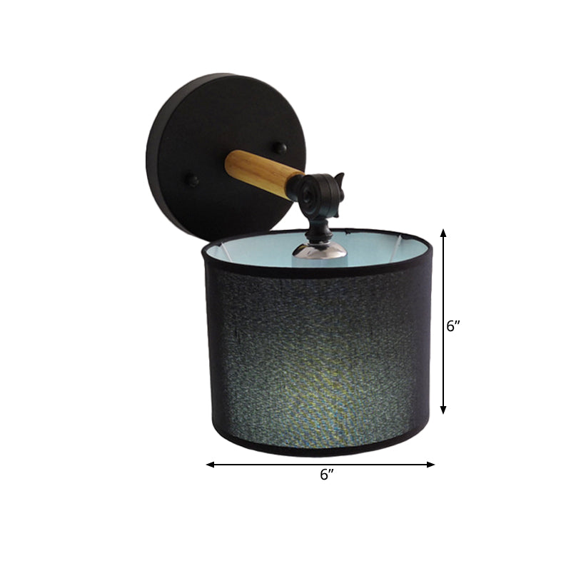 Modern Wood Armed Sconce Wall Lamp With Black Drum Shade - 1 Light Bedside Lighting