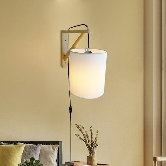Japanese Style Cylindrical Fabric Wall Sconce With 1-Bulb And Wood Mount
