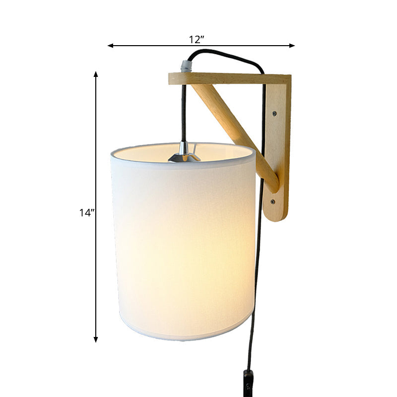 Japanese Style Cylindrical Fabric Wall Sconce With 1-Bulb And Wood Mount