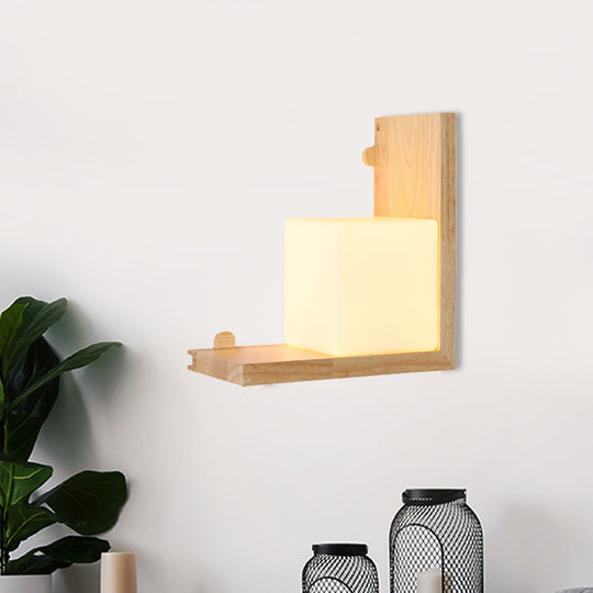 Minimalist Led Wood Panel Wall Sconce With Opal Cube Glass Shade