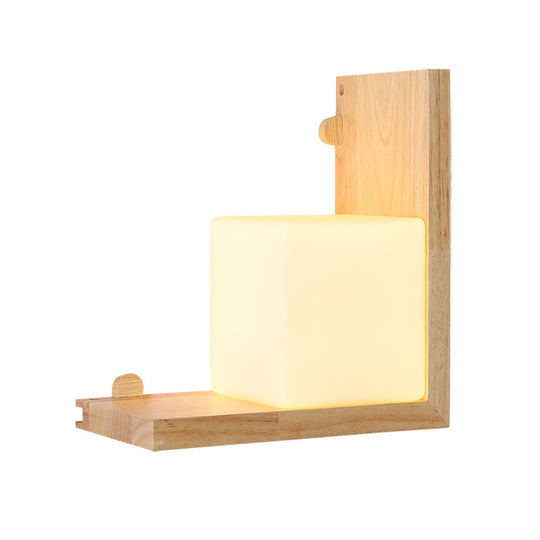 Minimalist Led Wood Panel Wall Sconce With Opal Cube Glass Shade