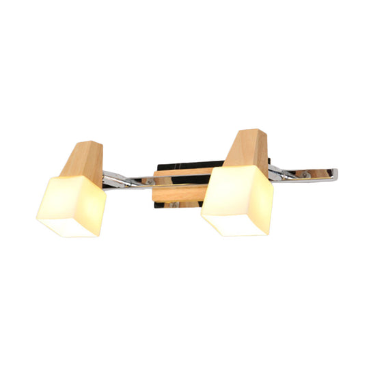 Modern Beige Cube Vanity Light Fixture With 2-Light Milk White Glass Shade Wall Mount Lamp