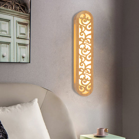 Chinese Style Beige Led Flush Wall Sconce With Carved Wood Shade