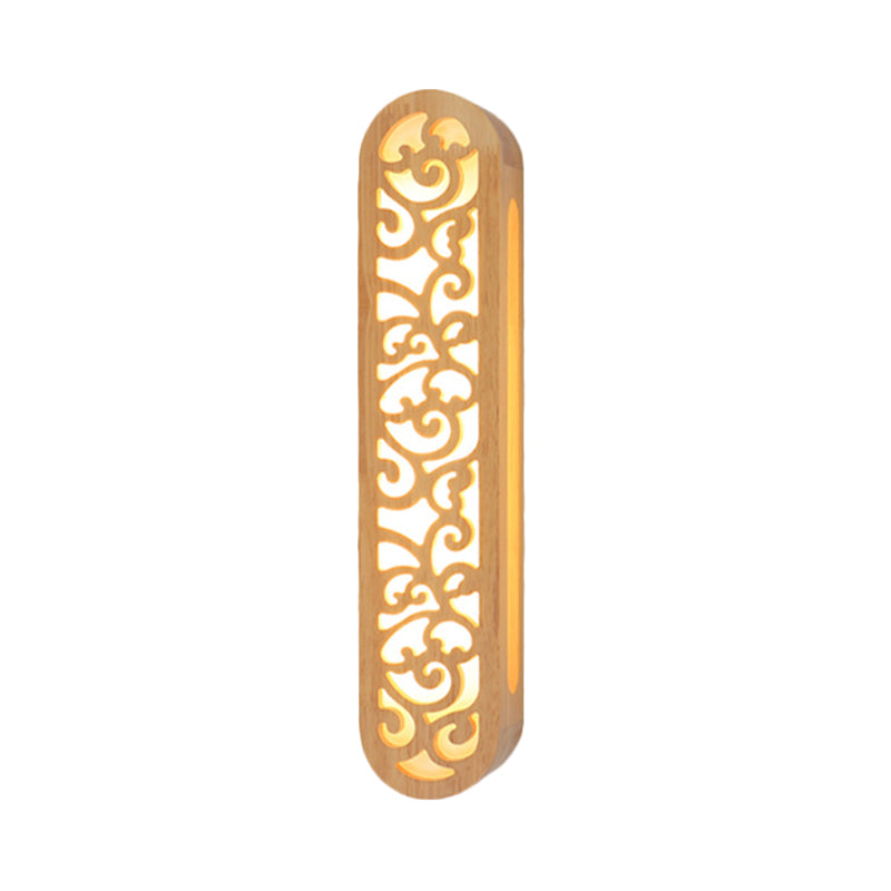 Chinese Style Beige Led Flush Wall Sconce With Carved Wood Shade