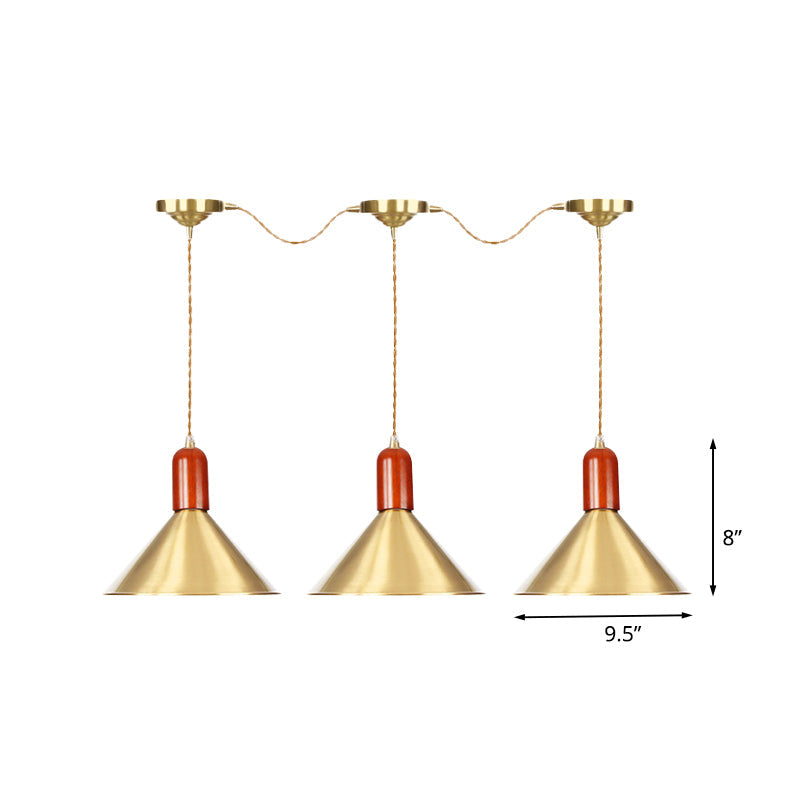Industrial Tandem Pendant Ceiling Lamp - Conical Metallic Gold Finish 3/5/7 Lights