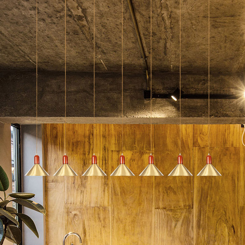 Industrial Tandem Pendant Ceiling Lamp - Conical Metallic Gold Finish 3/5/7 Lights