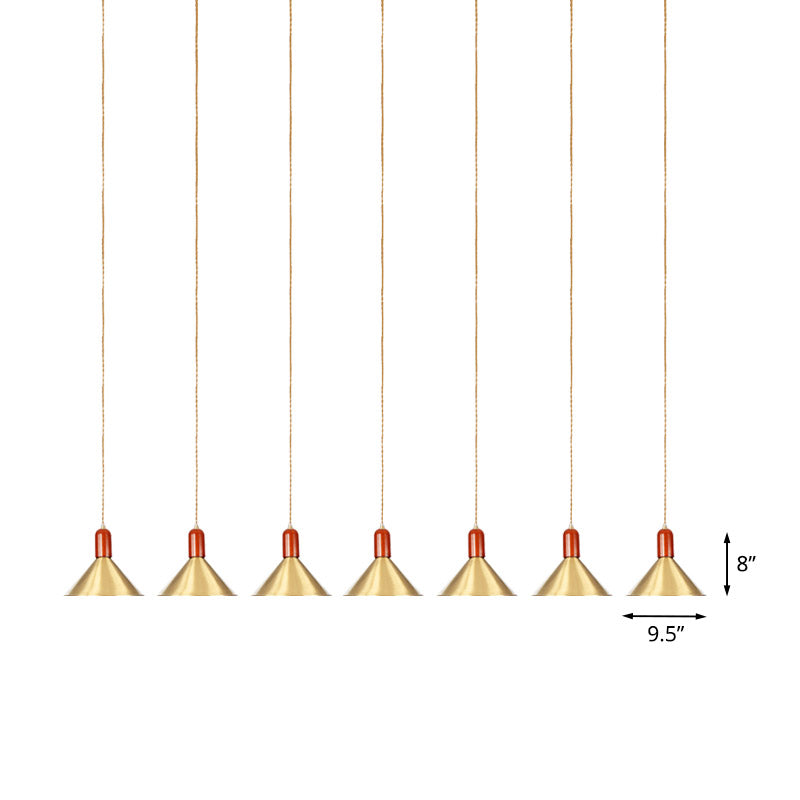 Industrial Tandem Pendant Ceiling Lamp - Conical Metallic Gold Finish 3/5/7 Lights