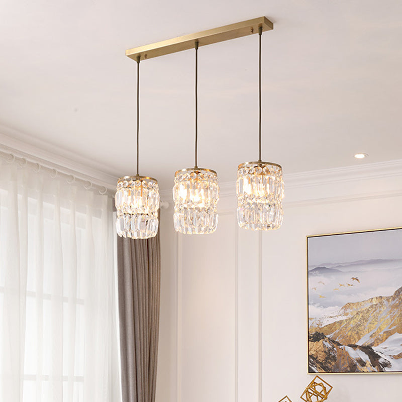 Modern Cylinder Crystal Hanging Light With Brass Finish - 3-Bulb Pendant Lamp Fixture / Linear