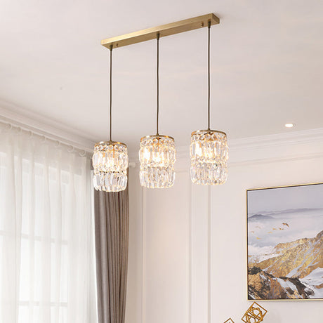 Modern Crystal Pendant Lamp With 3-Bulb Brass Finish Hanging Light Fixture And Linear/Round Canopy /