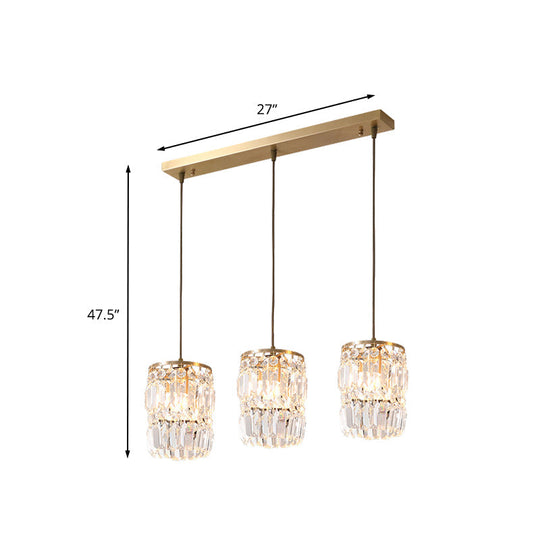 Modern Cylinder Crystal Hanging Light With Brass Finish - 3-Bulb Pendant Lamp Fixture