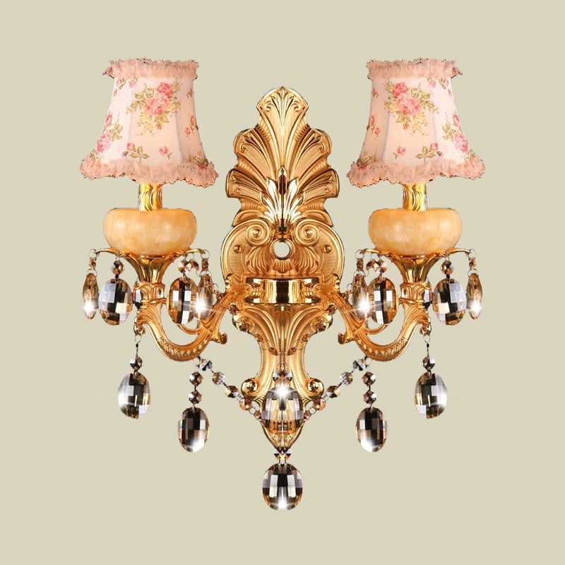 Traditional Metal Double Arm Sconce Light Fixture With Crystal Drop And Fabric Shade - Golden Wall
