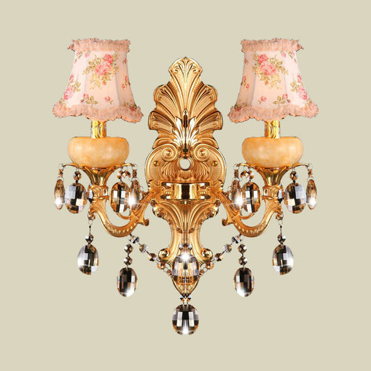 Traditional Metal Double Arm Sconce Light Fixture With Crystal Drop And Fabric Shade - Golden Wall