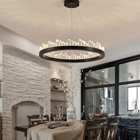 Minimalist Led Crystal Ring Ceiling Pendant Light In Black For Living Room