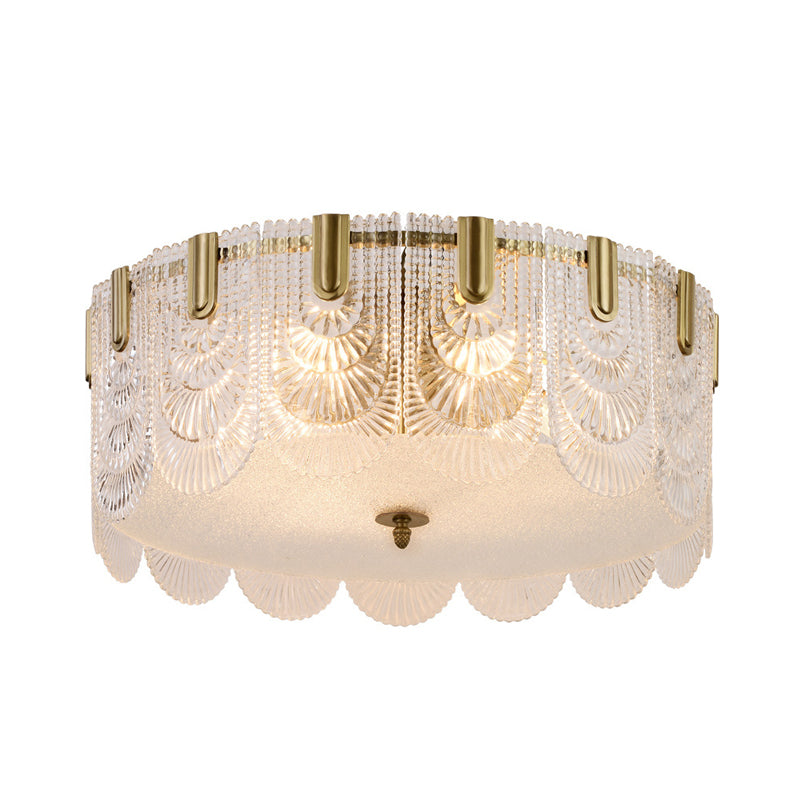 Traditional Drum Flushmount Prism Glass 6-Light Bedroom Ceiling Fixture In Brass