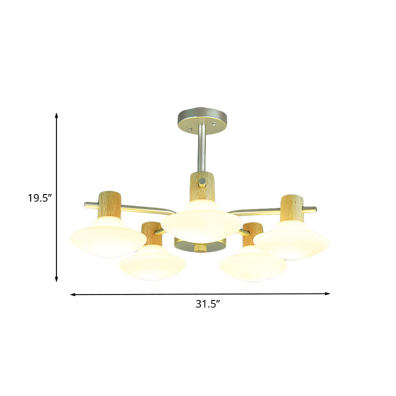 Modern Mushroom Semi Flush Ceiling Lamp With Opal Frosted Glass Wood Finish - 5/6 Head For Bedroom
