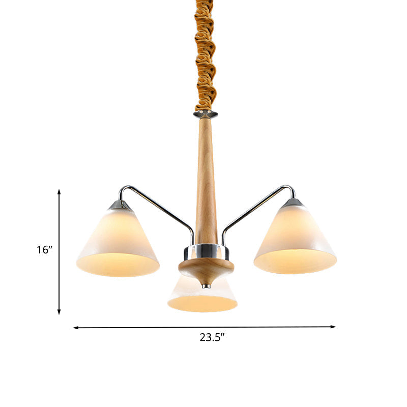 Modern Chrome And Wood Conical Chandelier With Frosted Glass - 3/5 Lights