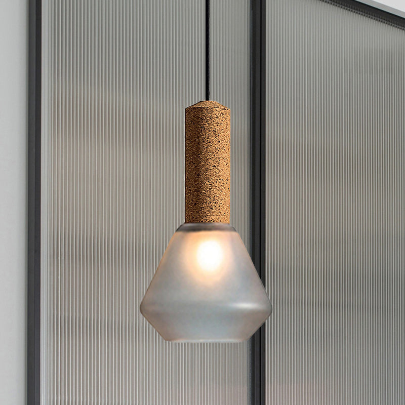 Modernist Wood Diamond Pendant Light With Textured White/Smoke Gray Glass Shade