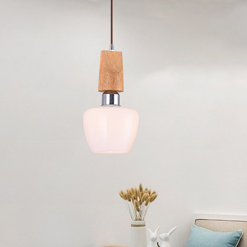 Vintage 1-Light Chrome Tulip Pendant With Frosted White Glass And Wood Top - Elegant Hanging