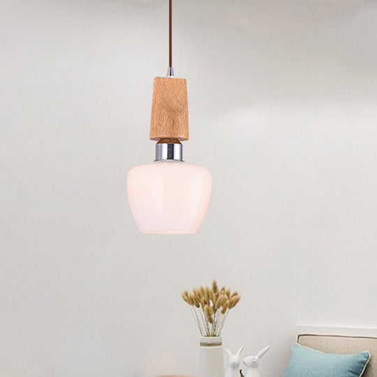 Vintage 1-Light Chrome Tulip Pendant With Frosted White Glass And Wood Top - Elegant Hanging