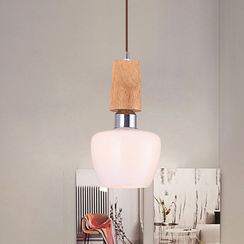 Vintage 1-Light Chrome Tulip Pendant With Frosted White Glass And Wood Top - Elegant Hanging