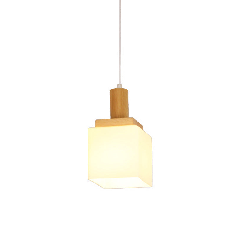 Modern Wooden Cube Glass Pendant Light For Foyer - Asian Inspired Ceiling Lamp