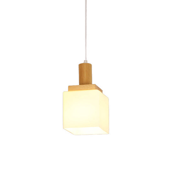Modern Wooden Cube Glass Pendant Light For Foyer - Asian Inspired Ceiling Lamp