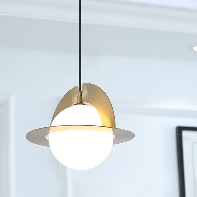 Modern Cream Glass Sphere Pendant Lamp With Elegant Gold Panel Detail