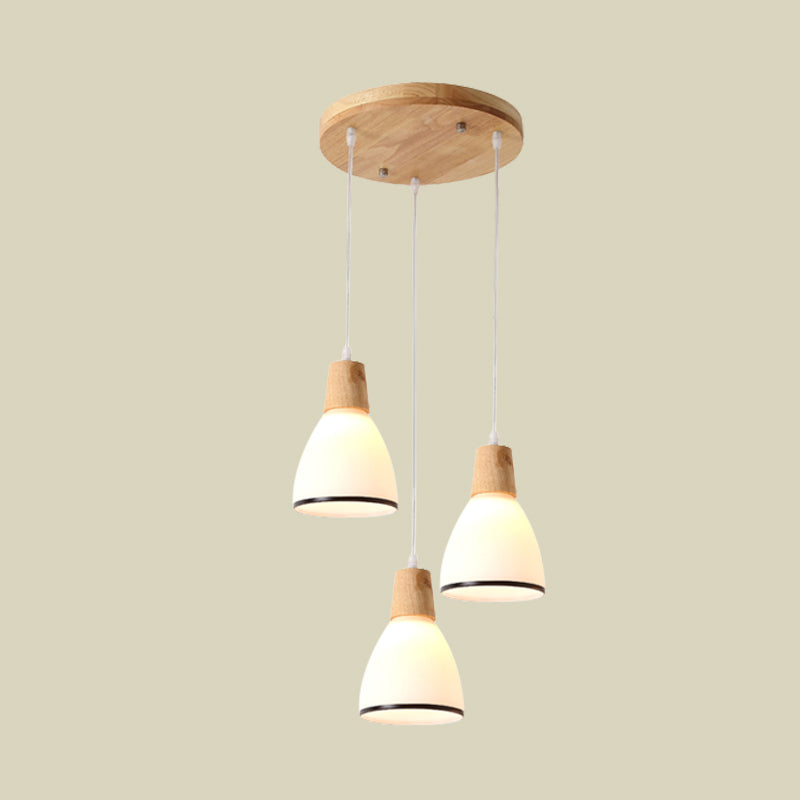 Japanese Style Wooden Bell Pendant Lamp With 3 White Glass Lights - Ceiling Suspension For Table