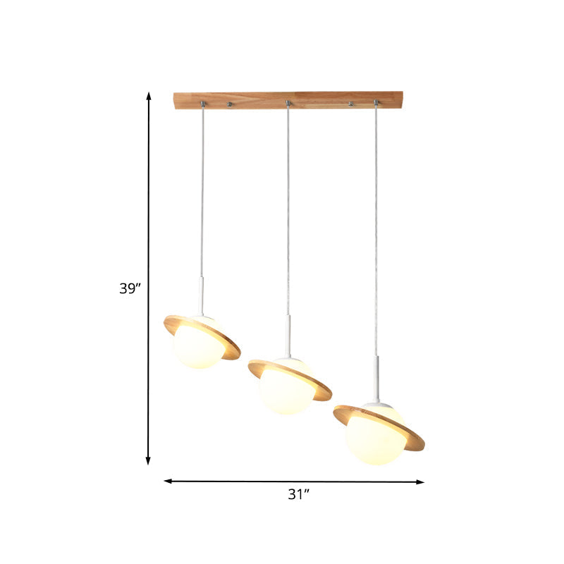 Opal Glass Globe Pendant Light With Wood Detail - 3 Heads For Contemporary Dining Room Ceiling