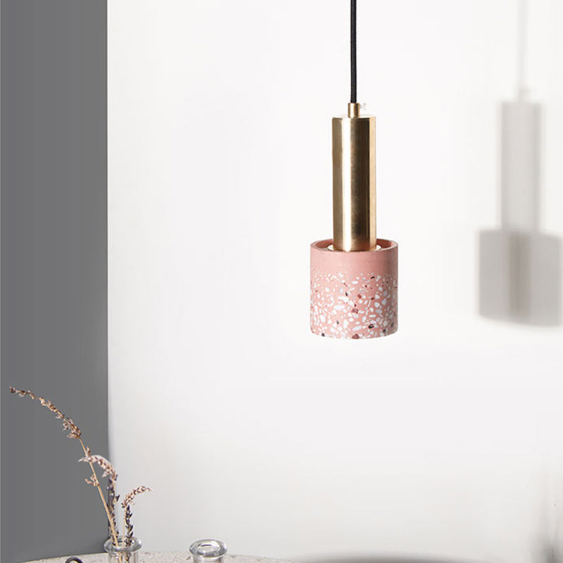 Nordic Terrazzo 1-Light Cylinder Hanging Light For Bedroom Ceiling - White/Black/Pink With Tube