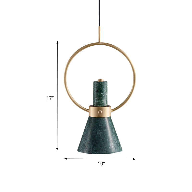 Nordic Green Marble Flared Pendant Light With Gold Ring - 1 Bulb Hanging Ceiling Lamp