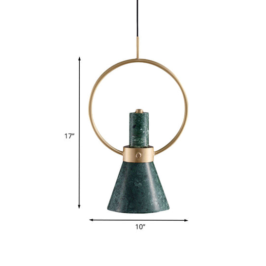 Nordic Green Marble Flared Pendant Light With Gold Ring - 1 Bulb Hanging Ceiling Lamp